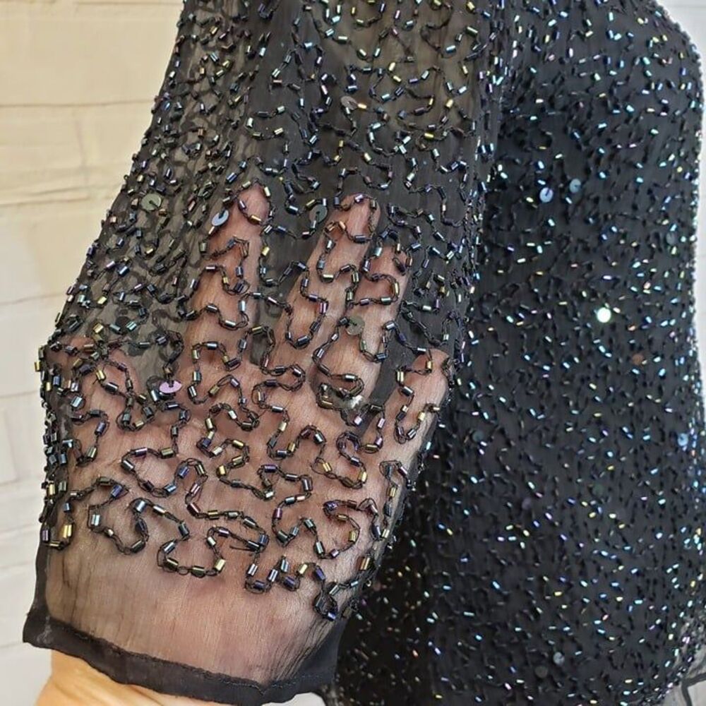 Vintage 80s 90s Pure Silk Beaded Top Black Iridescent Sequin Whimsygoth Blouse - Picture 4 of 8